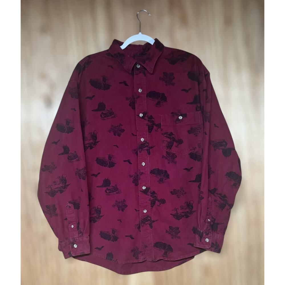 Vtg Eddie Bauer 90s Mens XL Burgundy Bird Cabincore Button Down Outdoor Heritage